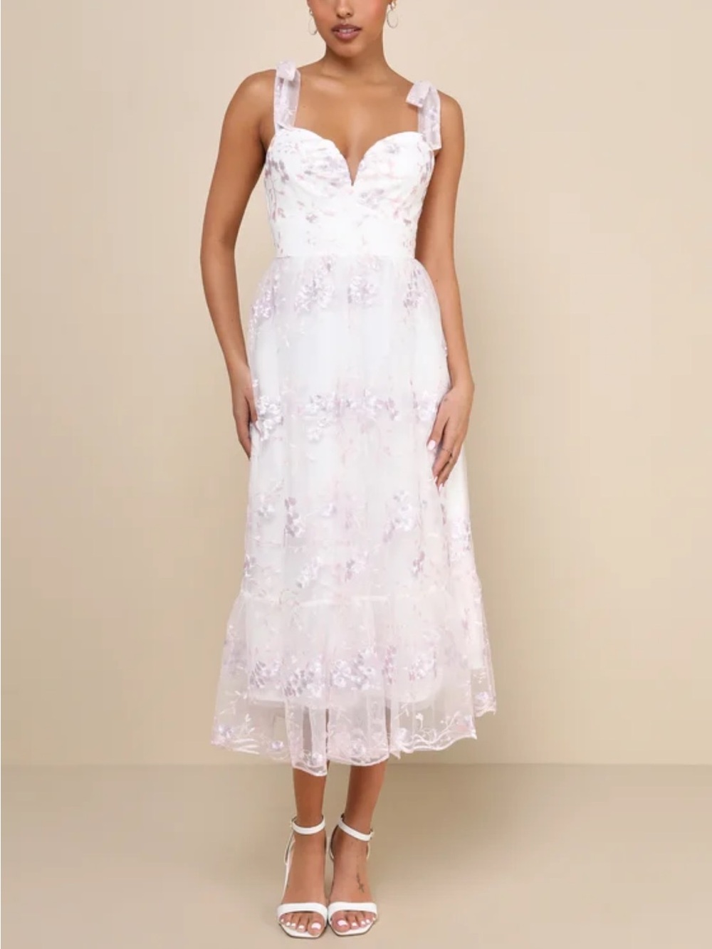 Lulus Distinctly Sweet White Floral Embroidered Tie-Strap Midi Dress
